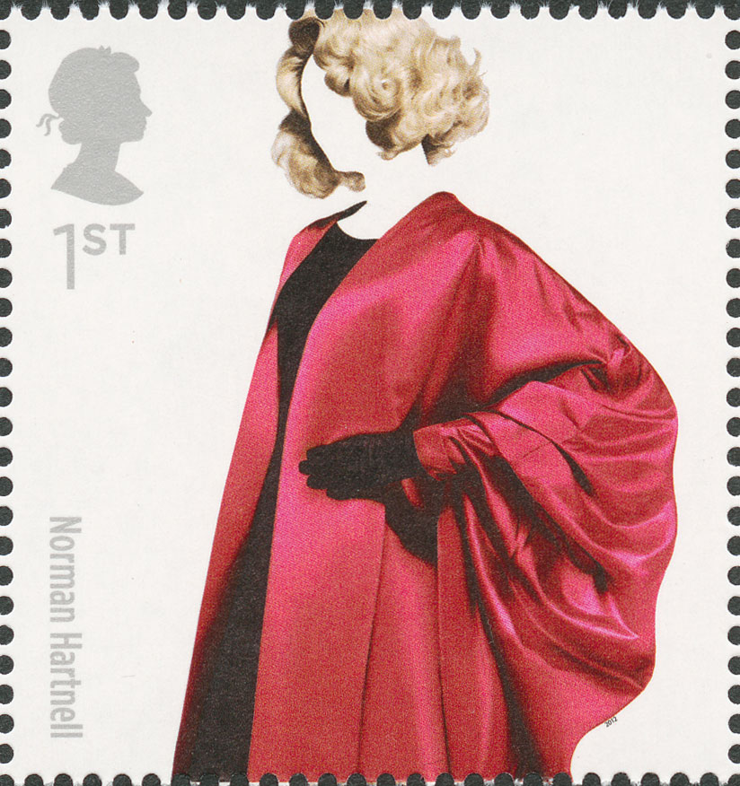 A stamp depicting a women in a black dress with an oversized pink jacket.