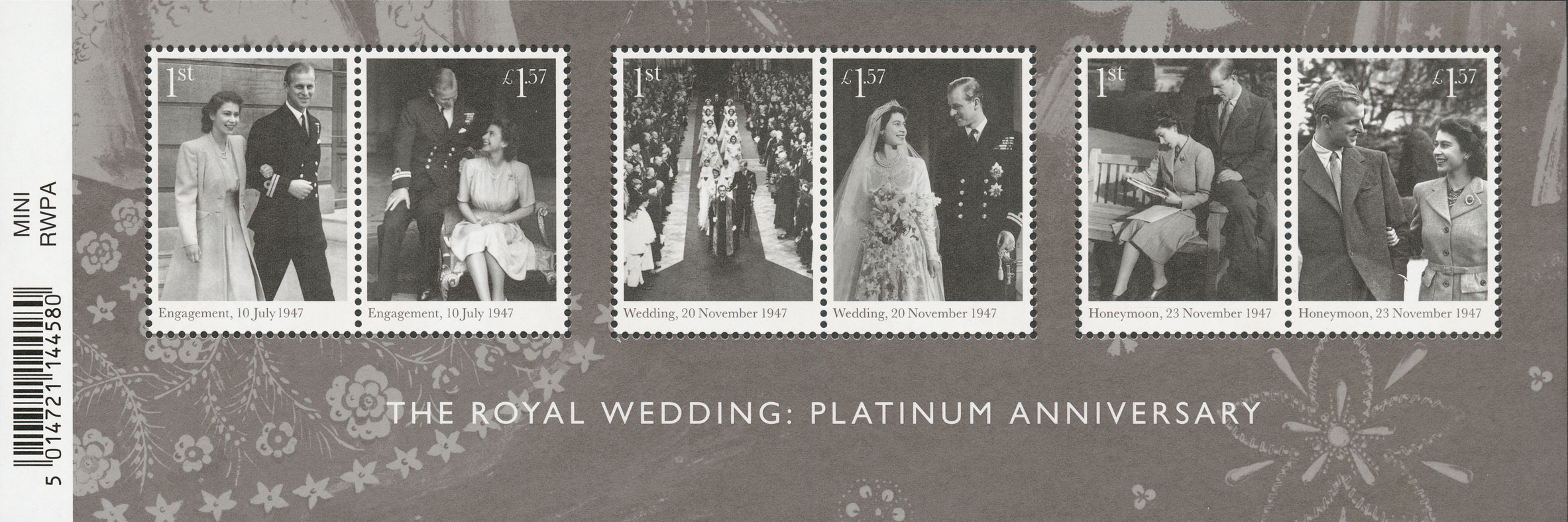 A miniature sheet featuring 6 stamps from the engagement, wedding and honeymoon of Queen Elizabeth II and the Duke of Edinburgh.