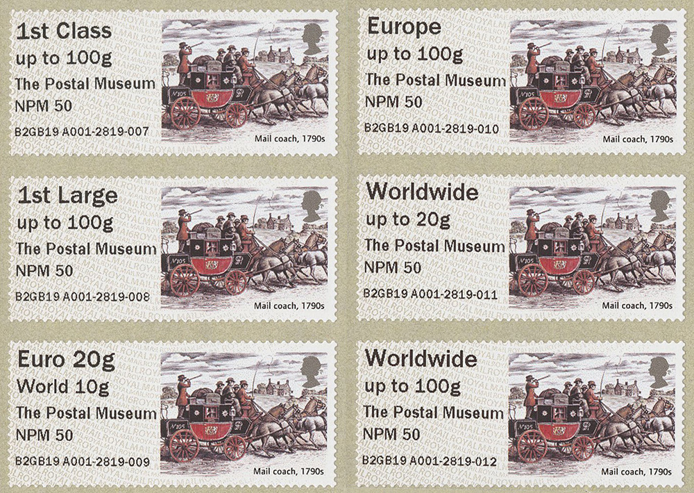 Post & Go February 2019 - Mail Coach design in all values. Stamp showing an illustration of an 18th century mail coach.