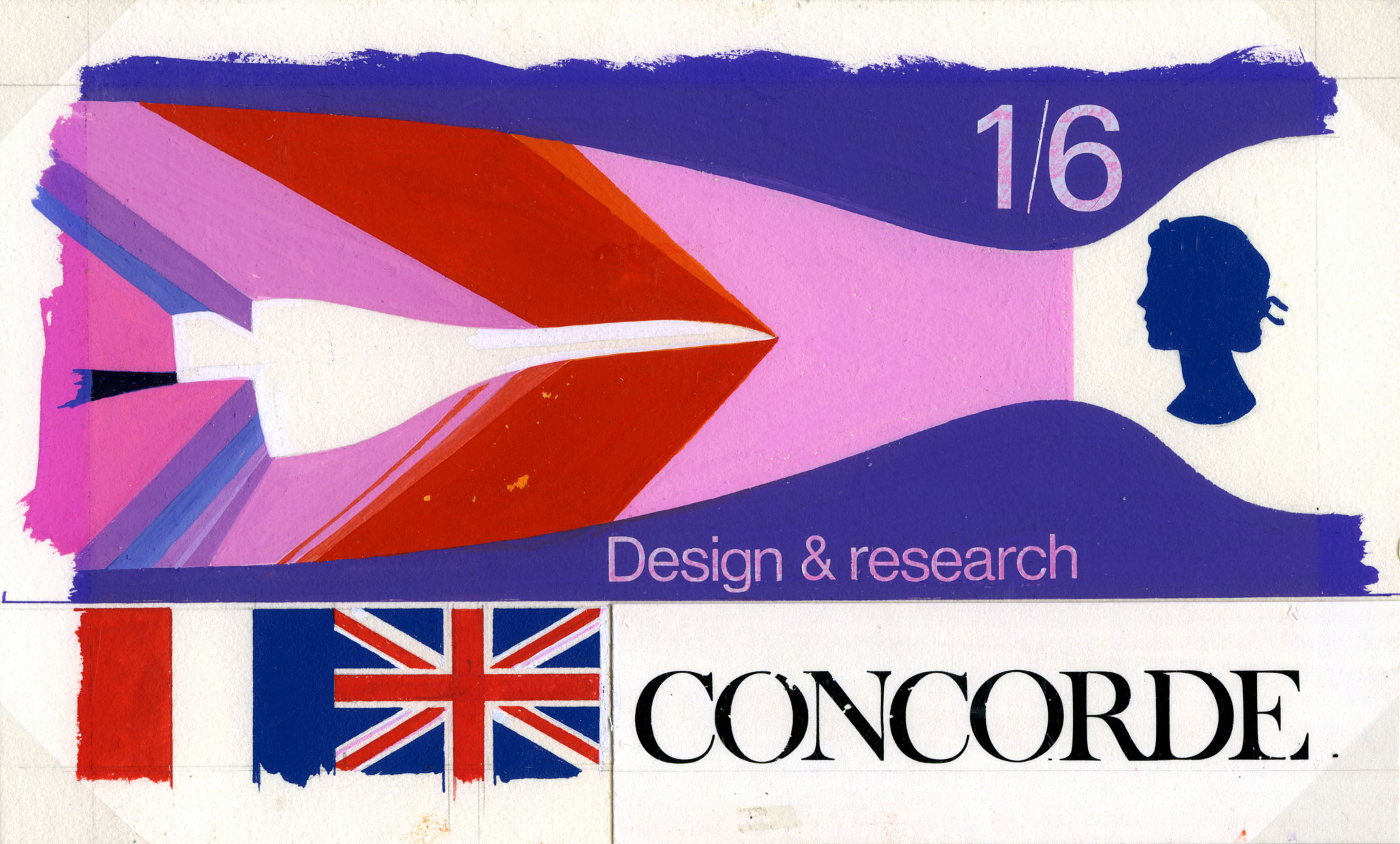Artwork showing Concorde pushing through pink, red and purple sound waves.