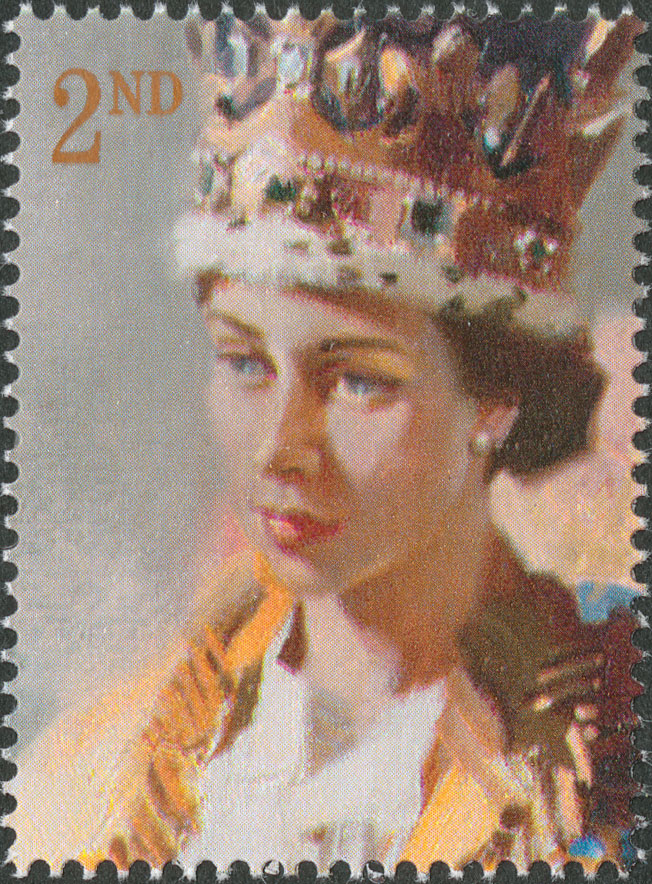 A stamp depicting the head and shoulder of Queen Elizabeth II during her coronation, painted by Terence Cuneo.