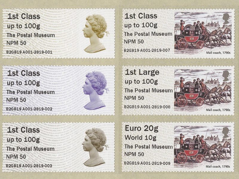 Post & Go stamps marking National Postal Museum 50th anniversary. Two designs, one showing the Queen and one with a mail coach design.