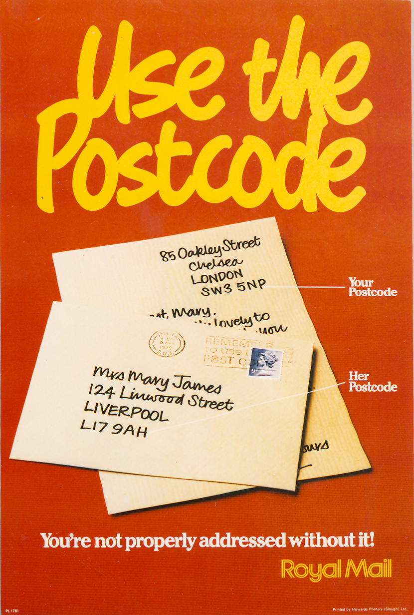 Poster depicting where the postcodes appear on envelopes.