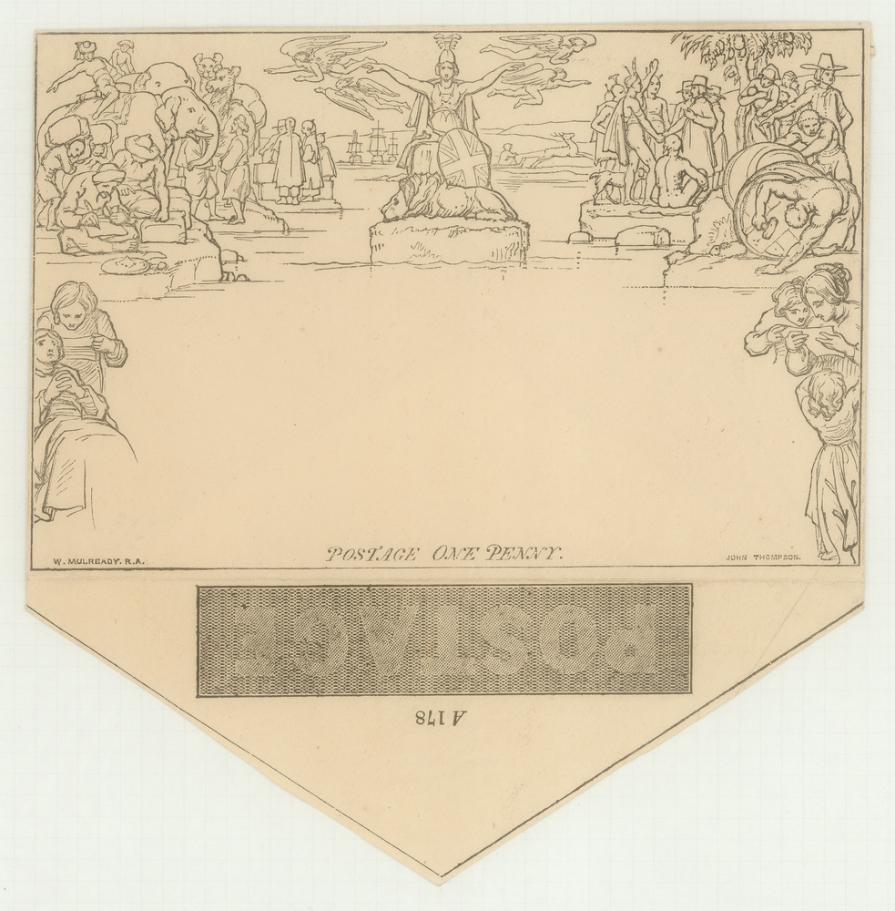 Image of the Mulready envelope design featuring Britannia in the centre and images from the empire.