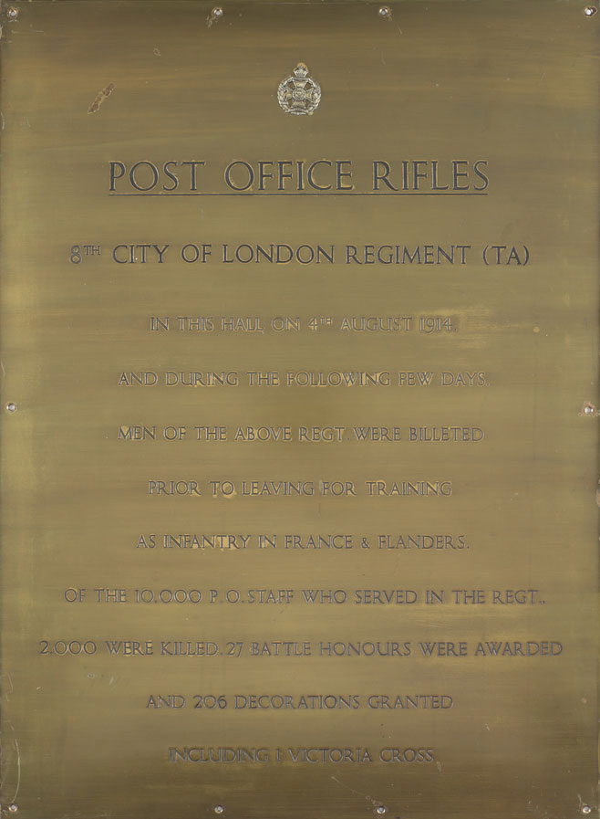 Brass plaque commemorating the men of the Post Office Rifles that lost their lives during the First World War.