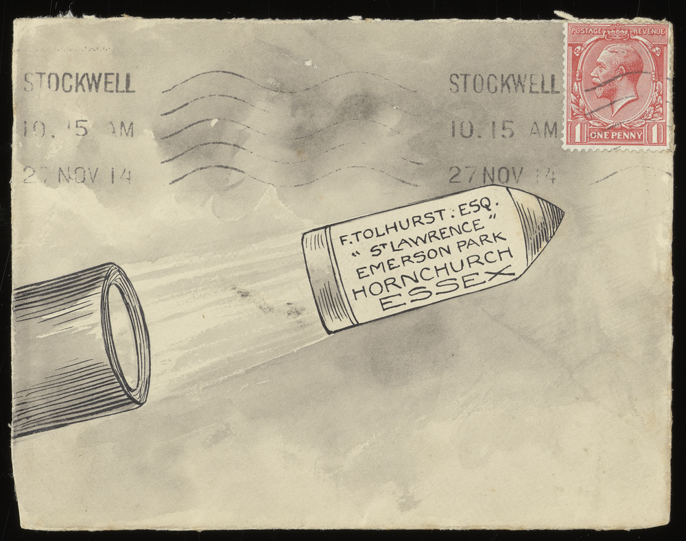 Decorated envelope of a bomb being launched.