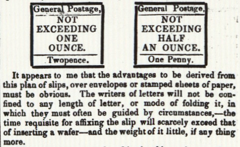 A small section of The Post Circular featuring the square slips James Chalmer's suggested for prepaid postage. 