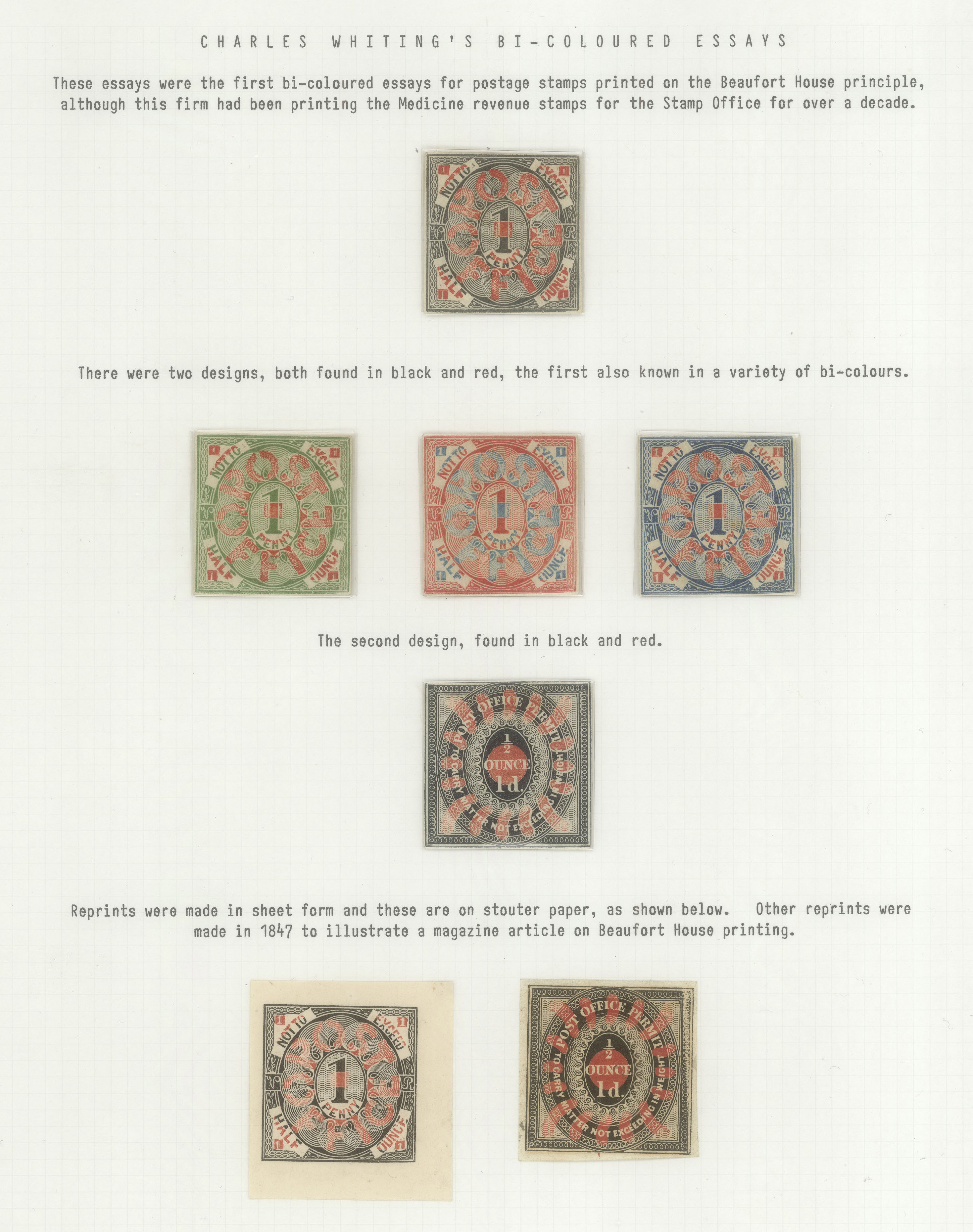 Page from the R M Phillips collection that features seven square essays designed by Charles Whiting each with two colours. 