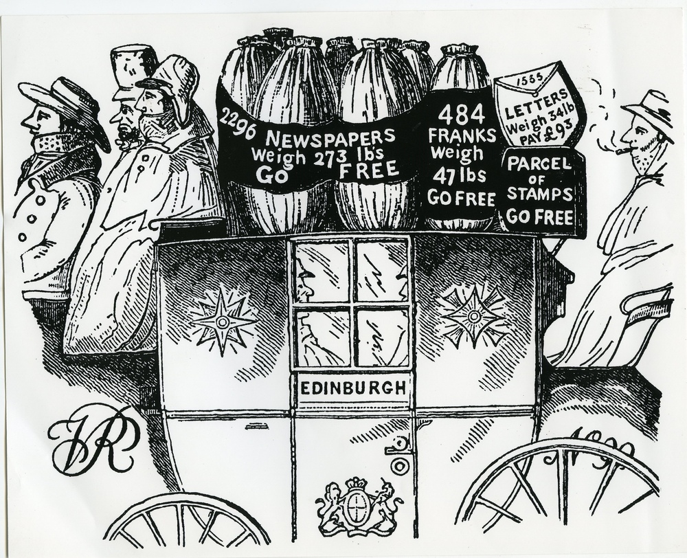 Comic illustration of a mail coach with captions explaining the content aboard.