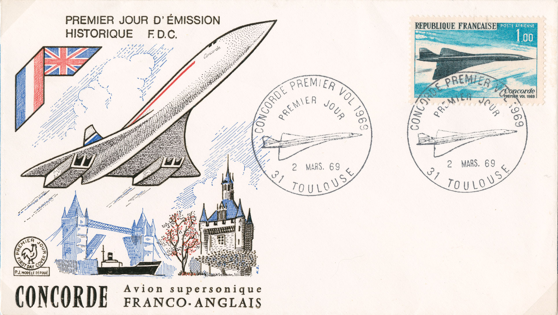 The French first day cover with an illustration of Concorde and the commemorative stamp marking the first flight.