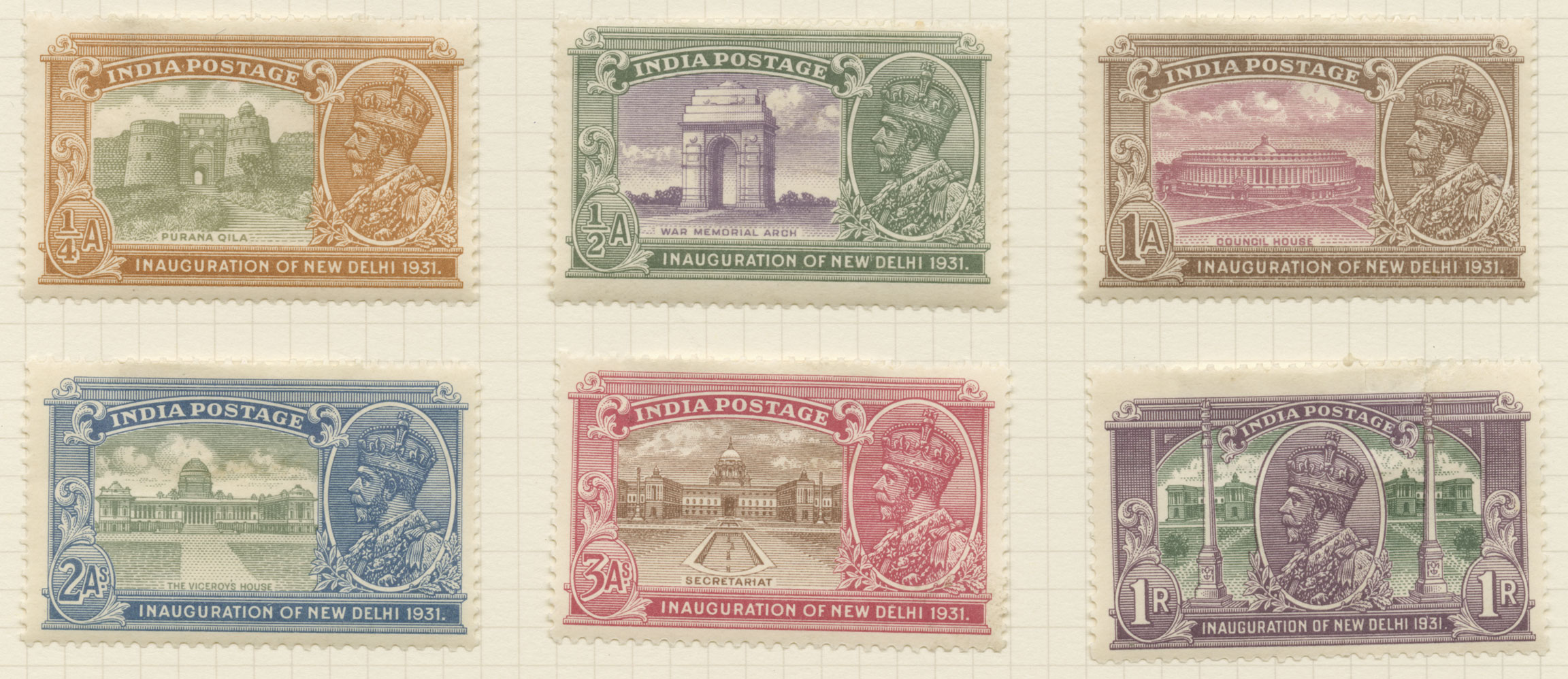 Set of six stamps depicting significant sites in New Delhi and the head of King George V.