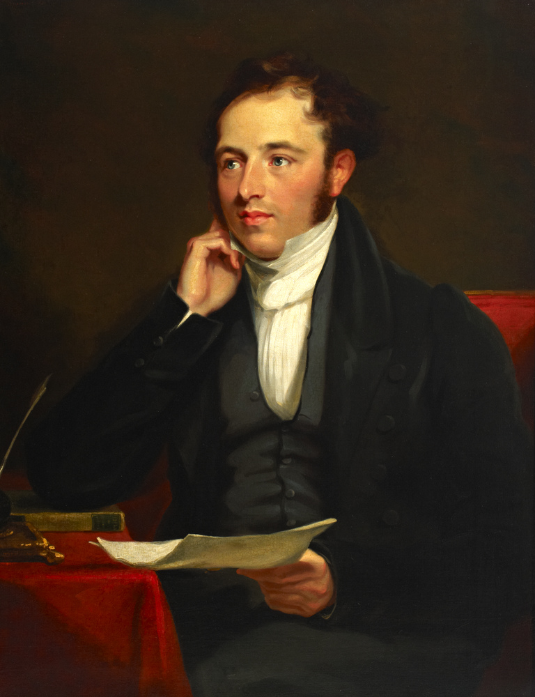 Painting of Rowland Hill sat at a table holding a piece of paper and resting his hand on his chin.