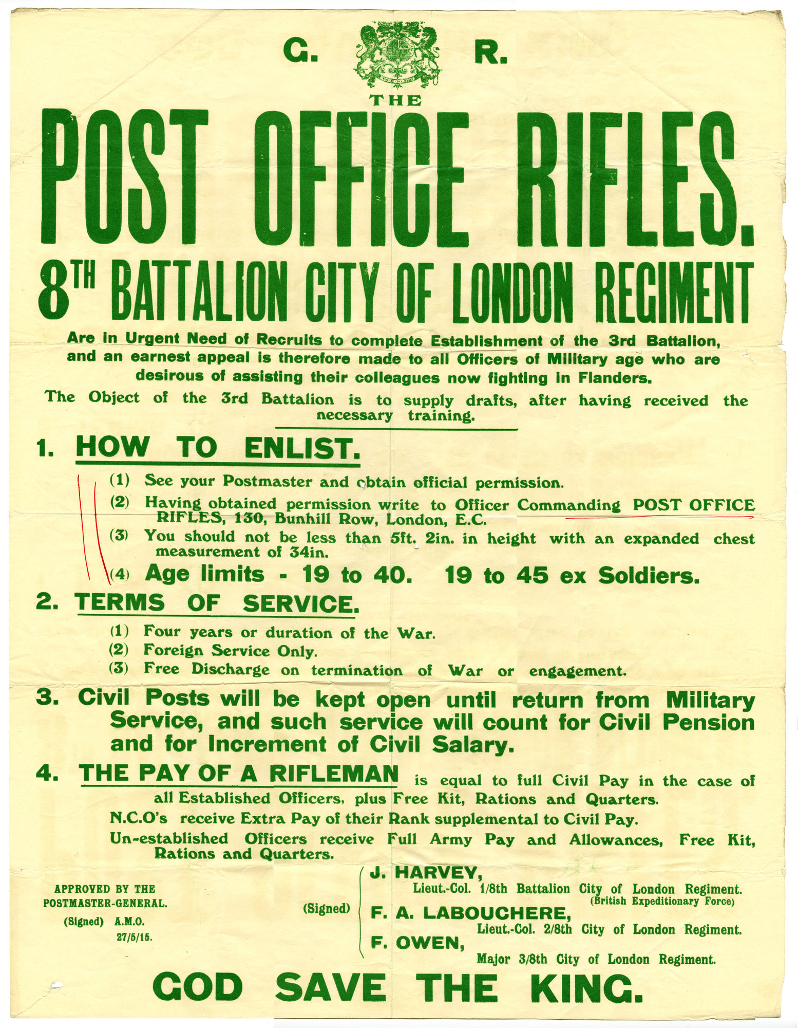 Poster with green text recruiting men for the Post Office Riffles.