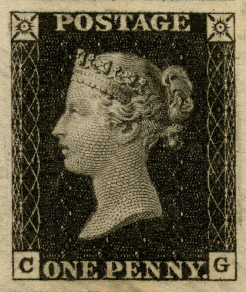 An image of the Penny Black depicting Queen Victoria in profile against a black background.