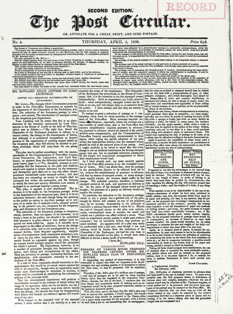 Front page of The Post Circular from 1838.