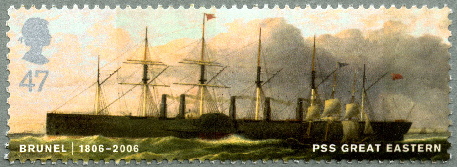 Stamp depicting a painting of the PSS Great Eastern at sea.