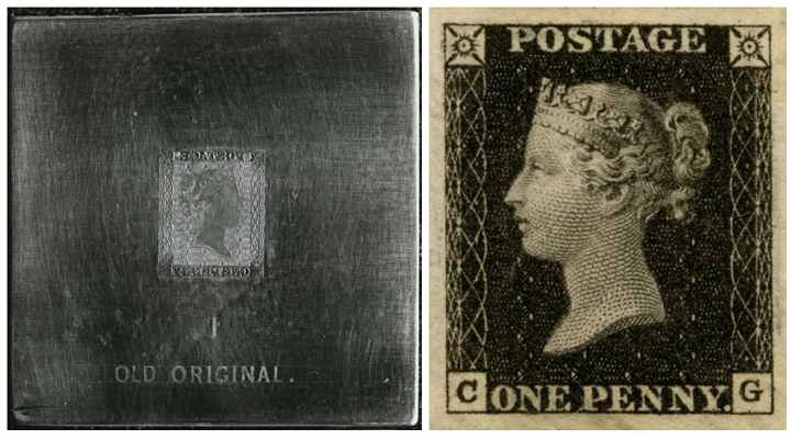 A image of the engraved Penny Black design on the die used to produce the stamps and an example of the stamp itself.