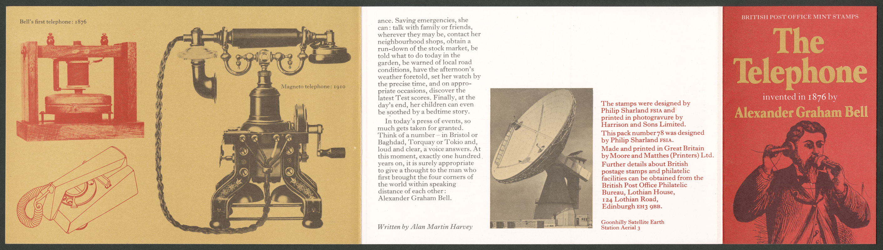 The internal information featuring images of telephones through the ages and an illustration of Alexander Graham Bell.