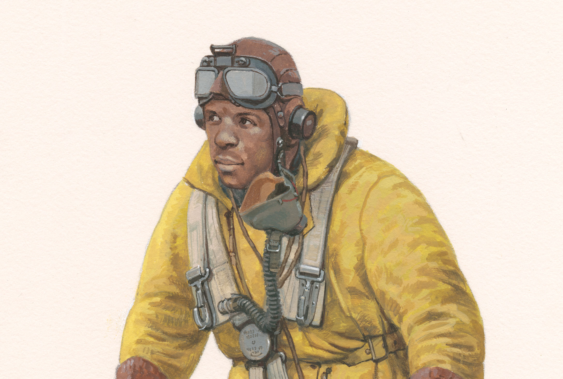 A painting of the head and shoulders of a black Lancaster Air Gunner with hat and goggles. 