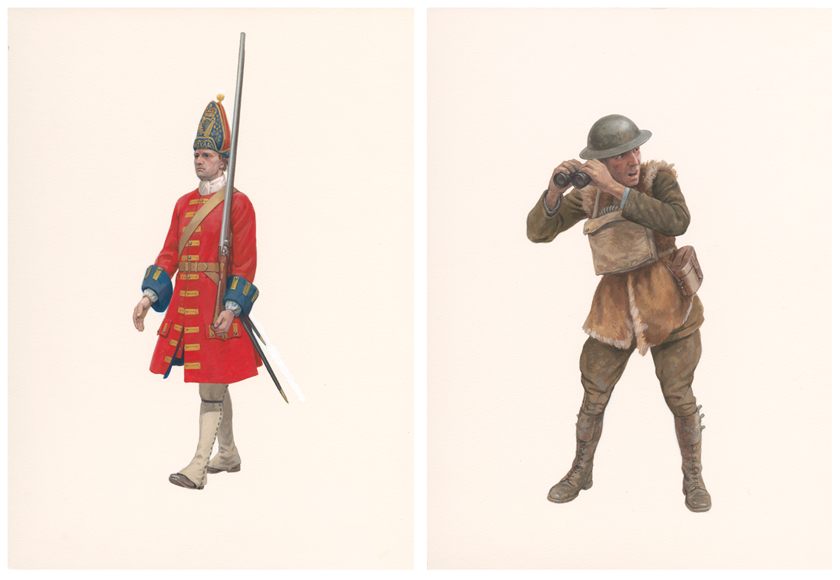 Two paintings depicting a Grenadier in a long red jacket and a Artillery Observer in a fur lines jacket and metal hat.