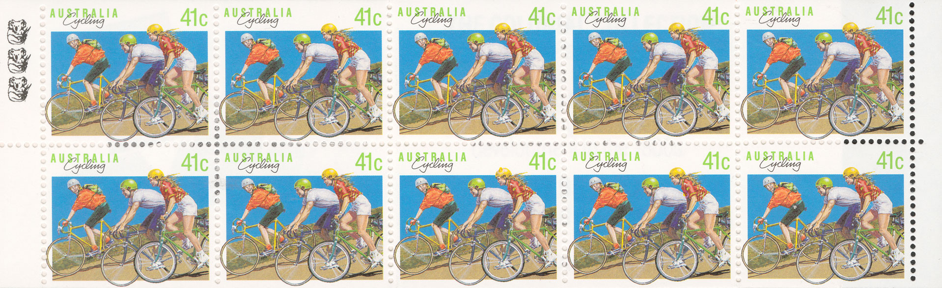 Ten stamp with three children cycling.