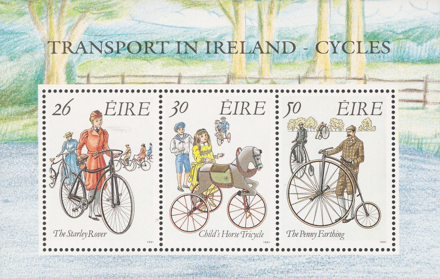 A miniature sheet with three stamps featuring three types of bikes.