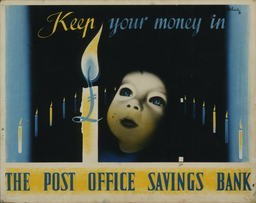 'Keep your money in the Post Office Savings Bank'.
Poster artwork by Pat Keely, PRD 584, 1950, POST 109/382.