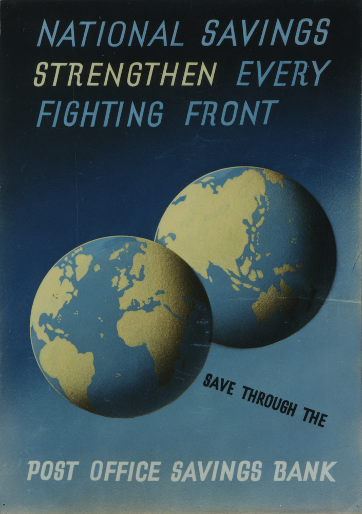 'National Savings strengthen every fighting front'.
Poster artwork by unknown designer, c.1942, POST 109/554A.