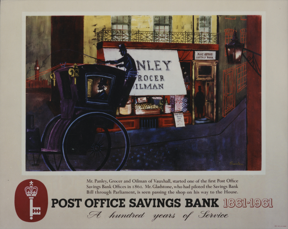 'Post Office Savings Bank 1861-1961: A hundred years of service'.
Poster designed by Robert Scanlan, PRD 1210, 1961, POST 110/2616.