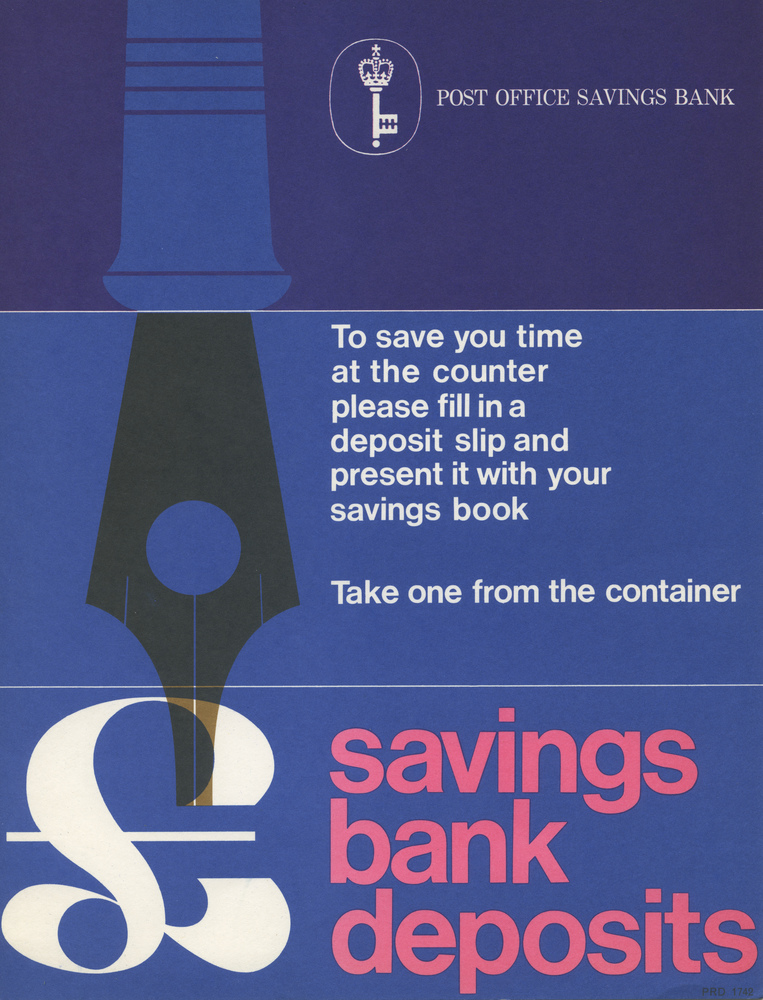 'Savings bank deposits'. 
Poster by unknown artist, PRD 1742, 1967, POSt 110/3995.