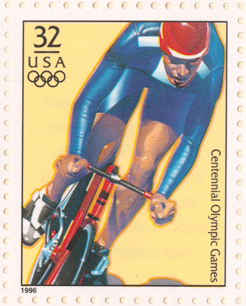 Stamp featuring an American cyclists in a blue suit.