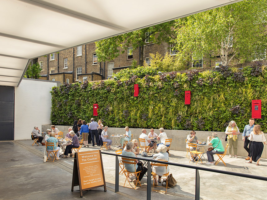 Photo of the outdoor seating area at The Postal Museum, London on a sunny day.