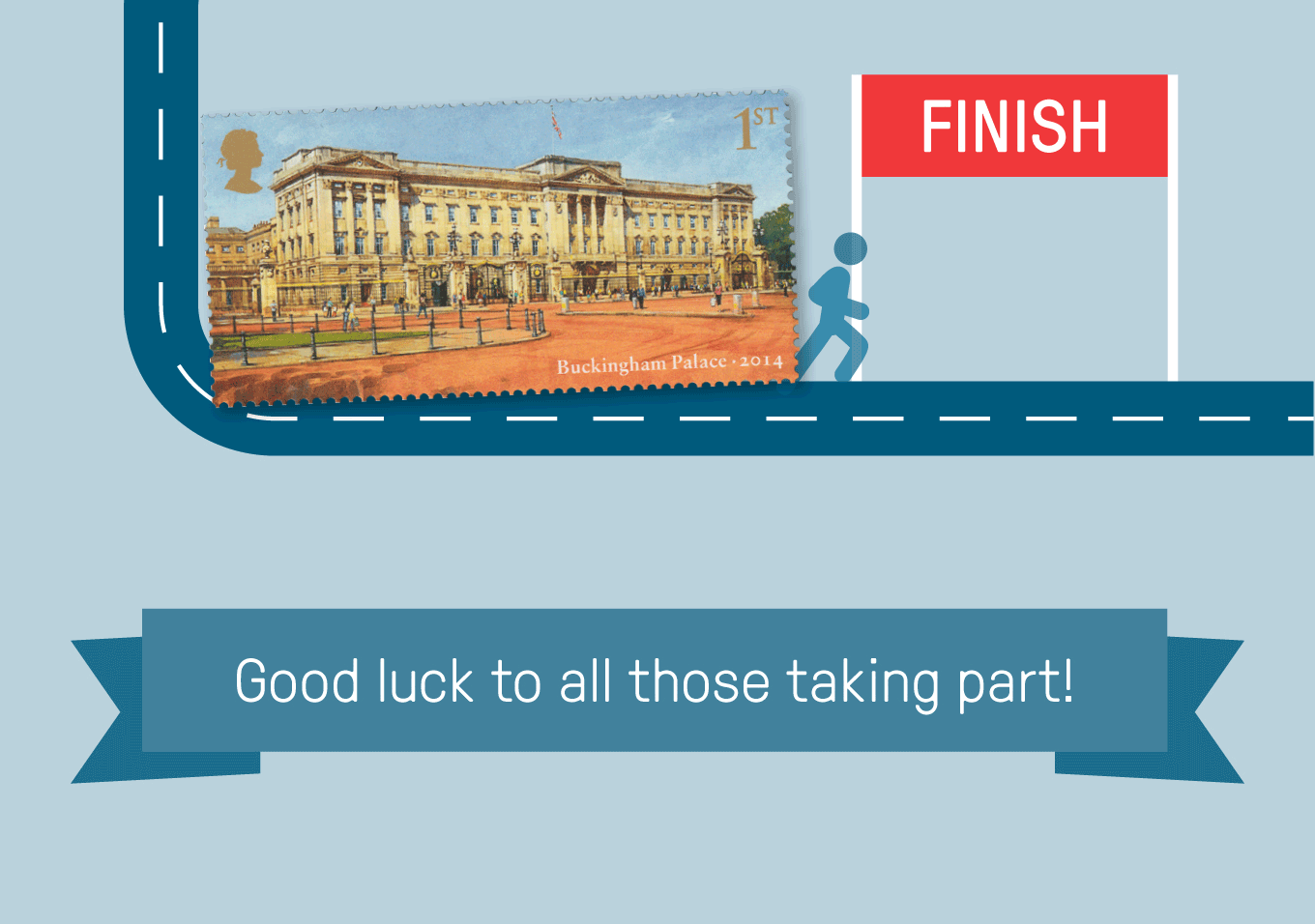 Good luck to all those taking part! Image of a stamp showing Buckingham Palace, where the marathon finishing line is.
