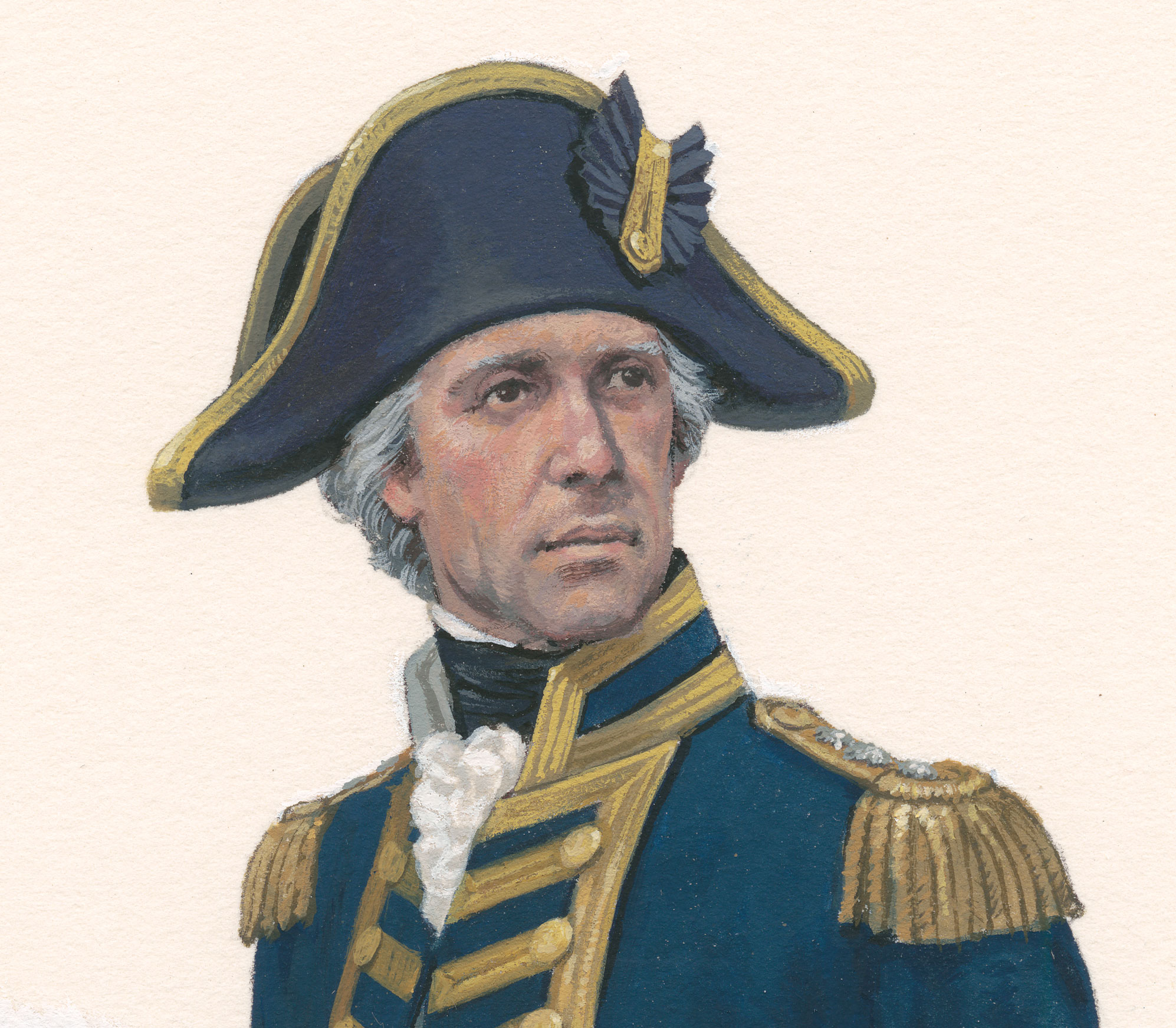 A painting of the head and shoulders of an Navy Admiral with blue and gold hat.