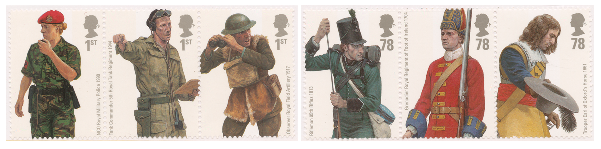 Six stamps depicting men and women in the British Army throughout the years in different uniforms.