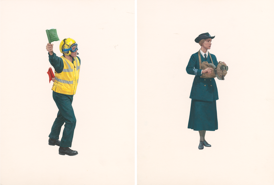 Two paintings of a Flight Deck officer in a yellow jacket holding flags and a women in a navy blue jacket and skirt holding a gas mask.