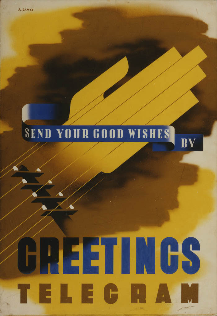 'Send your good wishes by greetings telegram'. Poster artwork by Abram Games, PRD 179 and 180, c.1938, POST 109/404.