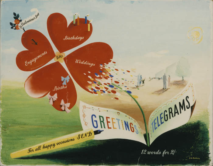 'For all happy occasions send Greetings Telegrams'. Poster artwork by Hans Arnold Rothholz, PRD 592, 1950, POST 109/408.