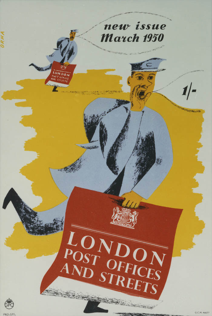 'London Post Offices and Streets. New issue March 1950'. Poster designed by Bernard Orna, PRD 571, 1950, POST 110/1245.