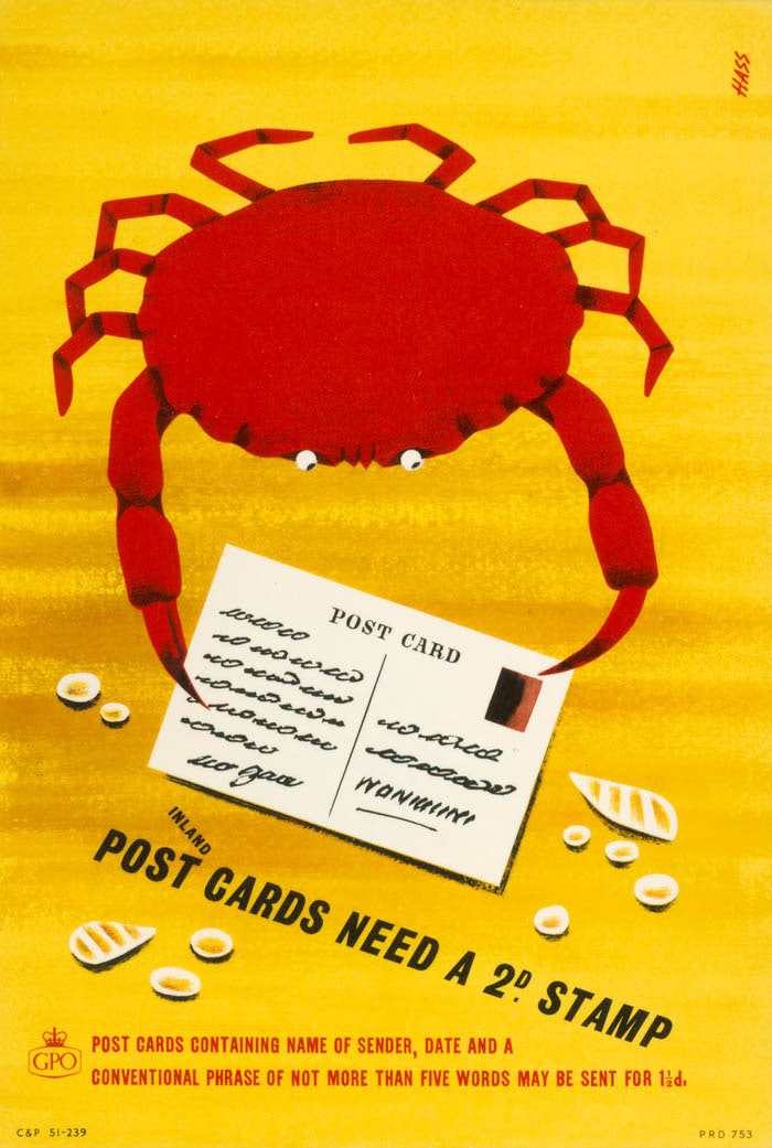 'Inland post cards need a 2d stamp'. Poster designed by Derrick Hass, PRD 753, 1954, POST 110/1322.