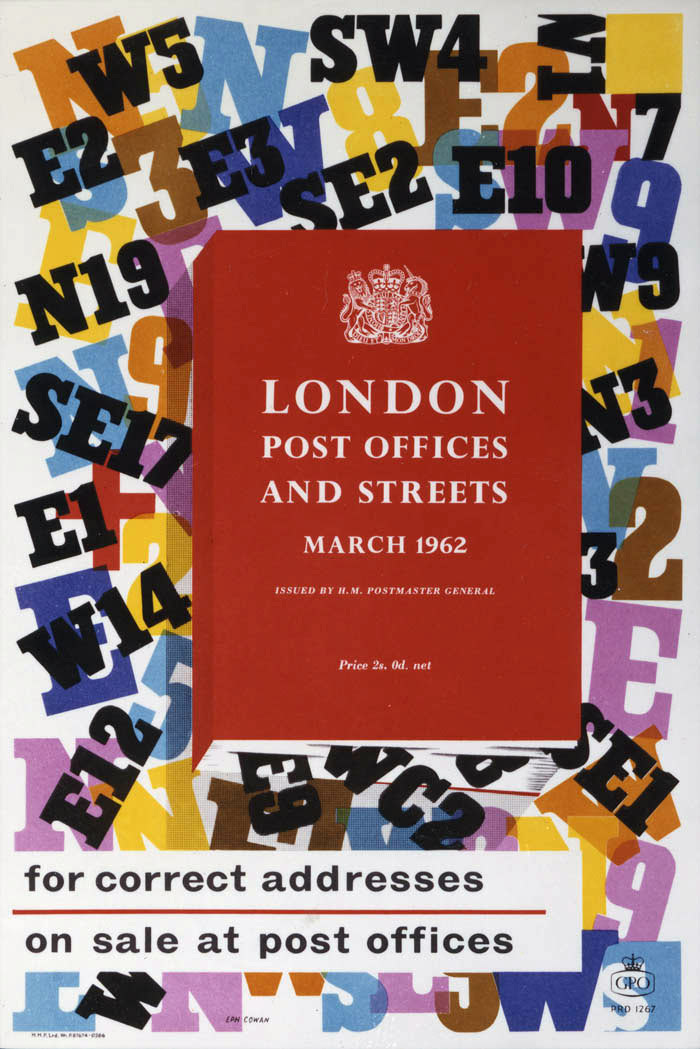 'London Post Offices and Streets, March 1962. For correct addresses.' Poster designed by EPH Cowan, PRD 1267, 1962, POST 110/1434.