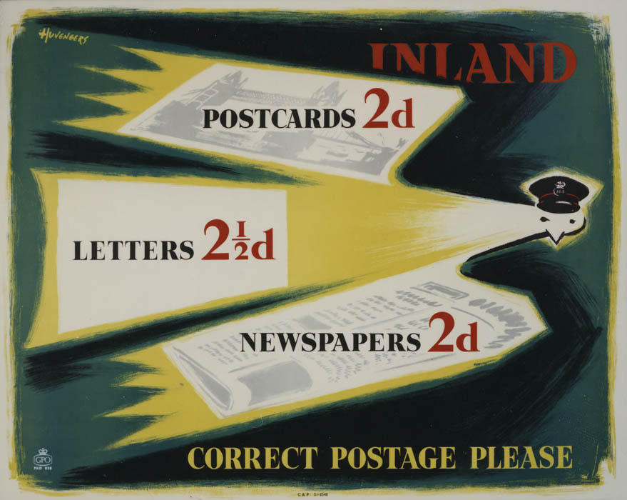 'Inland postcards 2d, letters 2½d, newspapers 2d, correct postage please'. Poster designed by Pieter Huveneers, PRD 838, 1956, POST 110/2331a