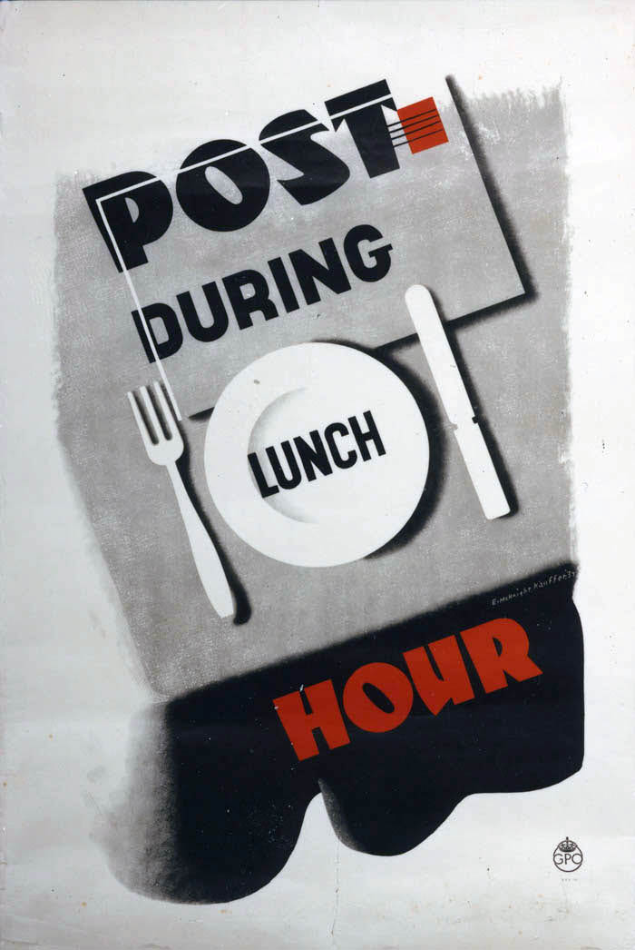 'Post during lunch hour'. Poster designed by Edward McKnight Kauffer, PRD 155, 1937, POST 110/2491.