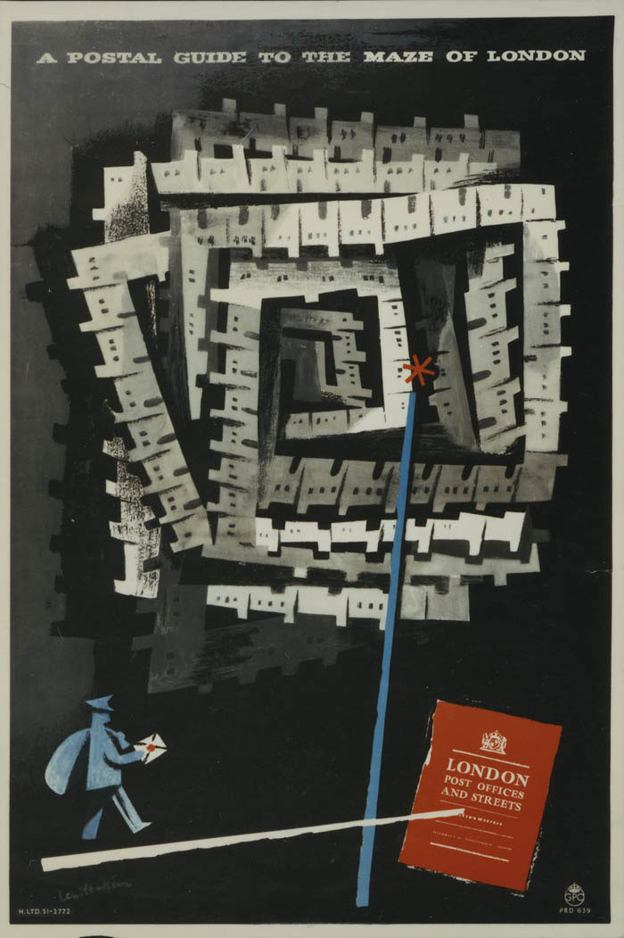 'A postal guide to the maze of London'. Poster designed by Jan Le Witt and George Him, PRD 639, 1951, POST 110/2507.