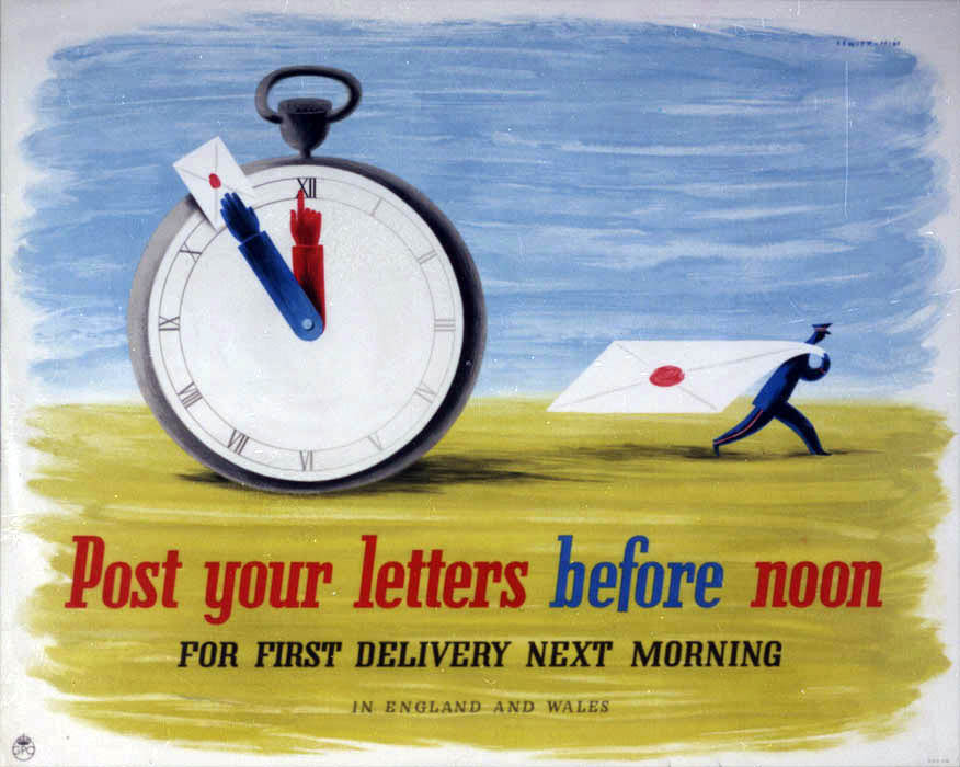 'Post your letters before noon'. Poster designed by Jan Le Witt and George Him, PRD 238, 1941, POST 110/3184.