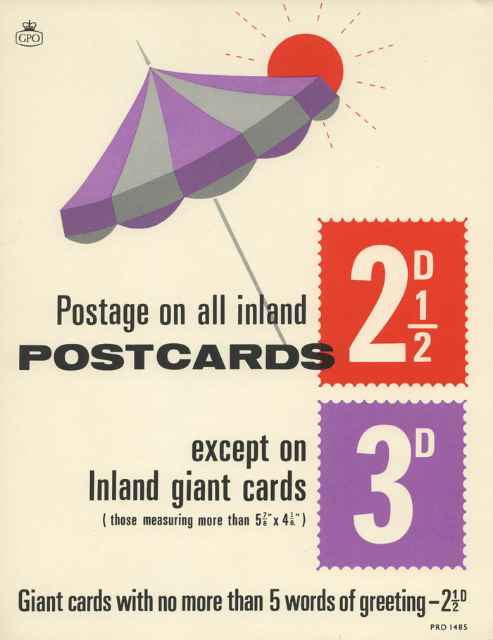 'Postage on all inland postcards 2½d'. Poster designed by unknown artist, PRD 1485, 1964, POST 110/3950.