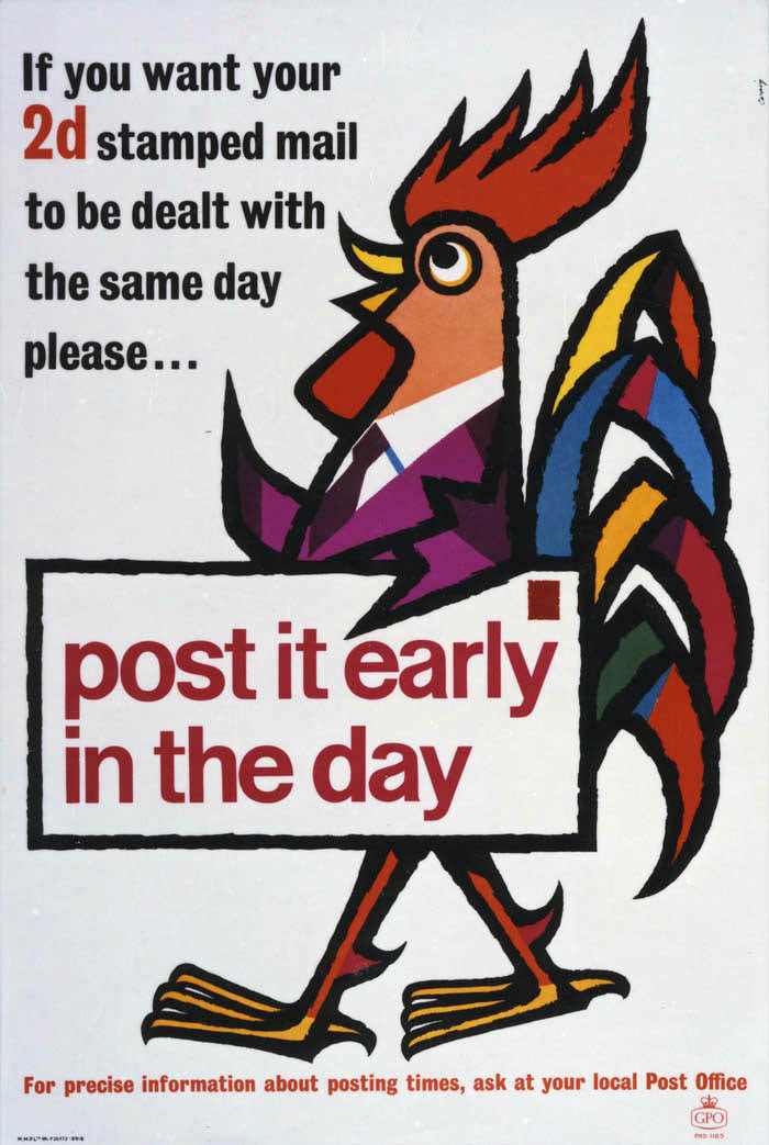 'If you want your 2d stamped mail to be dealt with the same day please... Post it early in the day'. Poster designed by Stirling Craig, PRD 1185, 1961, POST 110/2555.