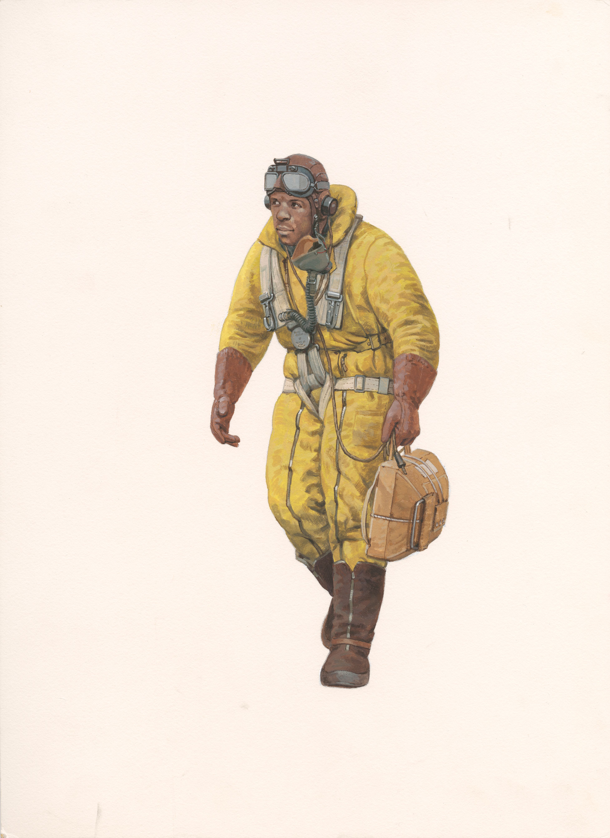 A painting of a black Lancaster Air Gunner in a thick yellow flight suit carrying a bag.