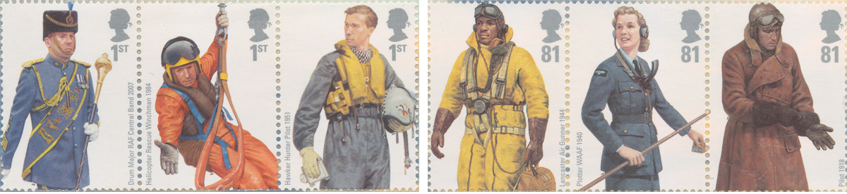 Six stamps that depict men and women performing different roles throughout the years by members of the Royal Air Force.