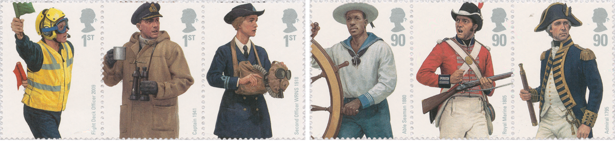 Six stamps depicting men and women throughout the years performing different roles in the Royal Navy.